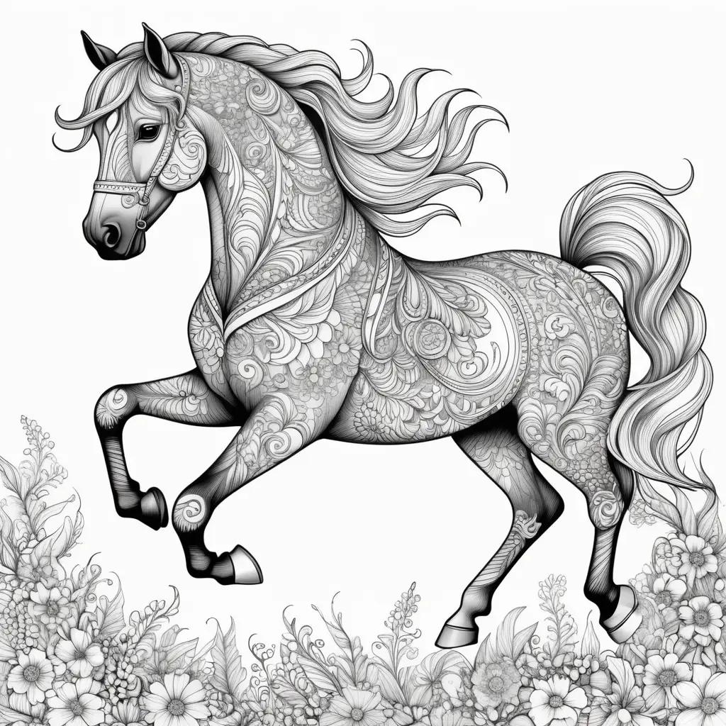 Black and white coloring pages of a horse running with flowers