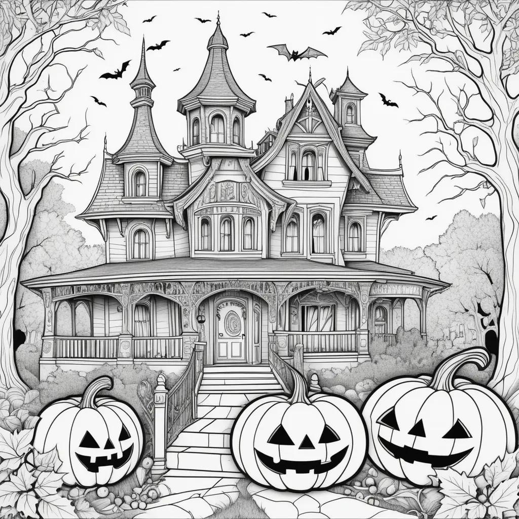 Black and white coloring pages of a house and pumpkins