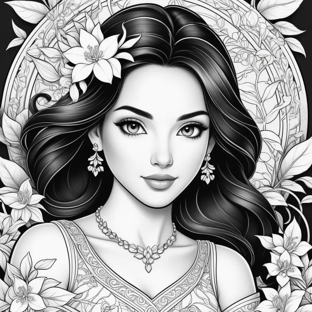 Black and white coloring pages of a jasmine flower with earrings