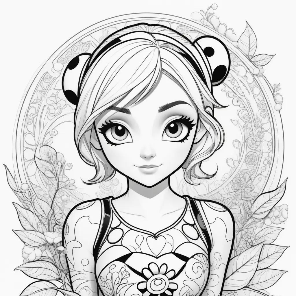 Black and white coloring pages of a ladybug with flowers