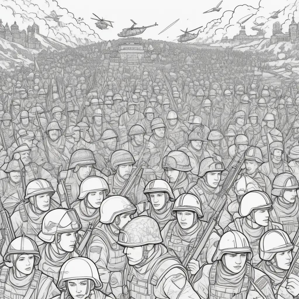 Black and white coloring pages of a large army