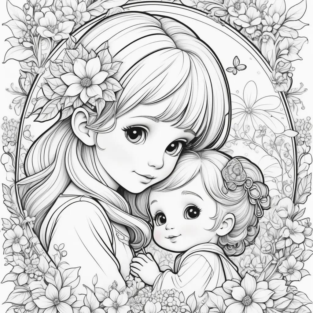 Black and white coloring pages of a mother and daughter