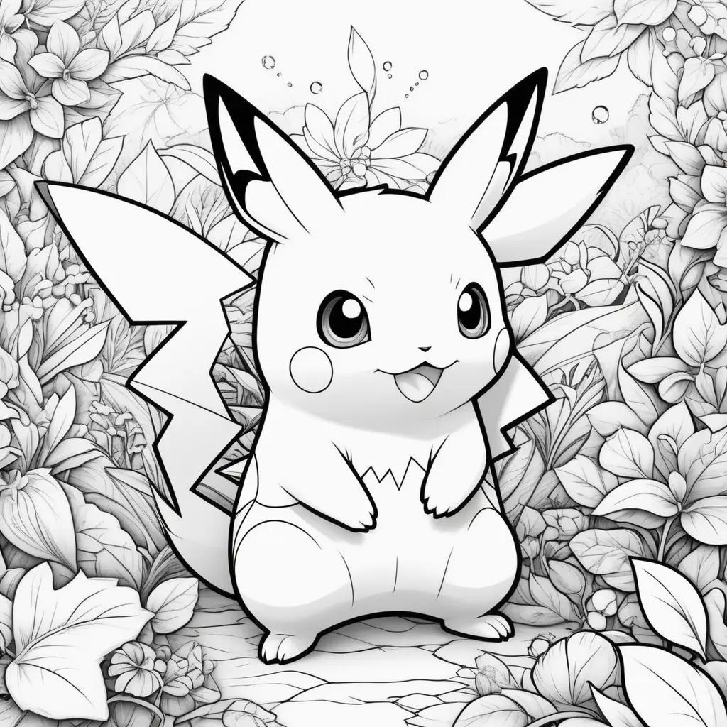 Black and white coloring pages of a pokemon with flowers in the background