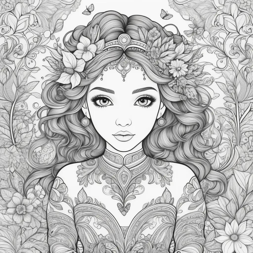 Black and white coloring pages of a pretty girl