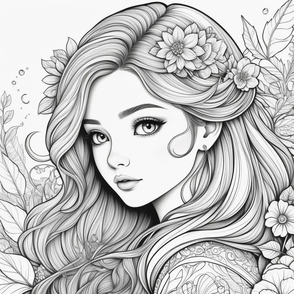 Black and white coloring pages of a pretty girl with flowers