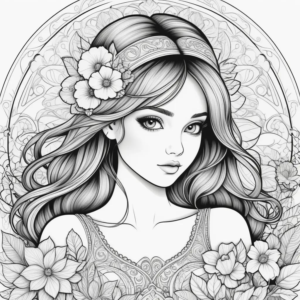 Black and white coloring pages of a pretty girl with flowers