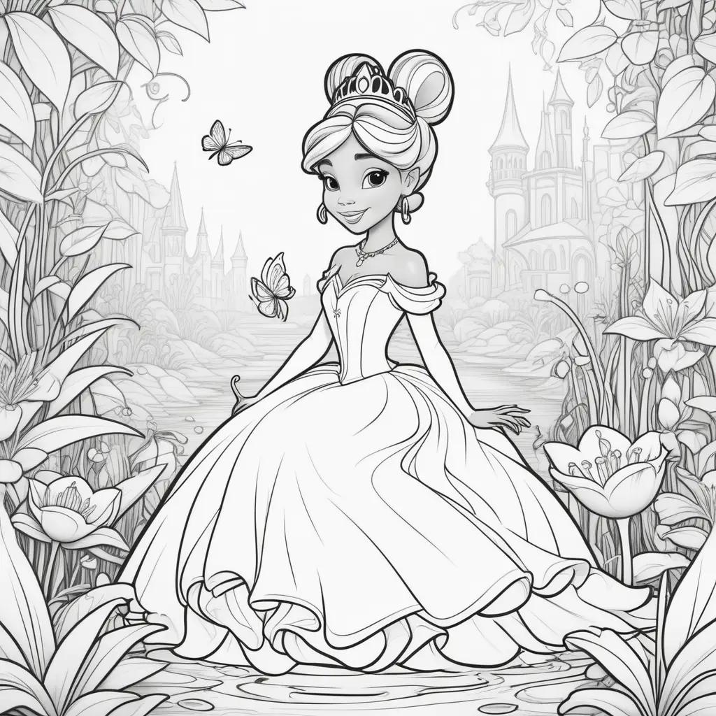 Black and white coloring pages of a princess frog