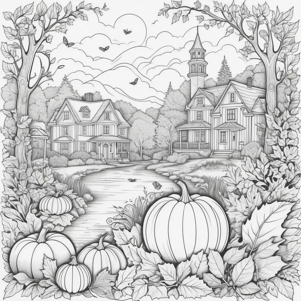 Black and white coloring pages of a pumpkin and house