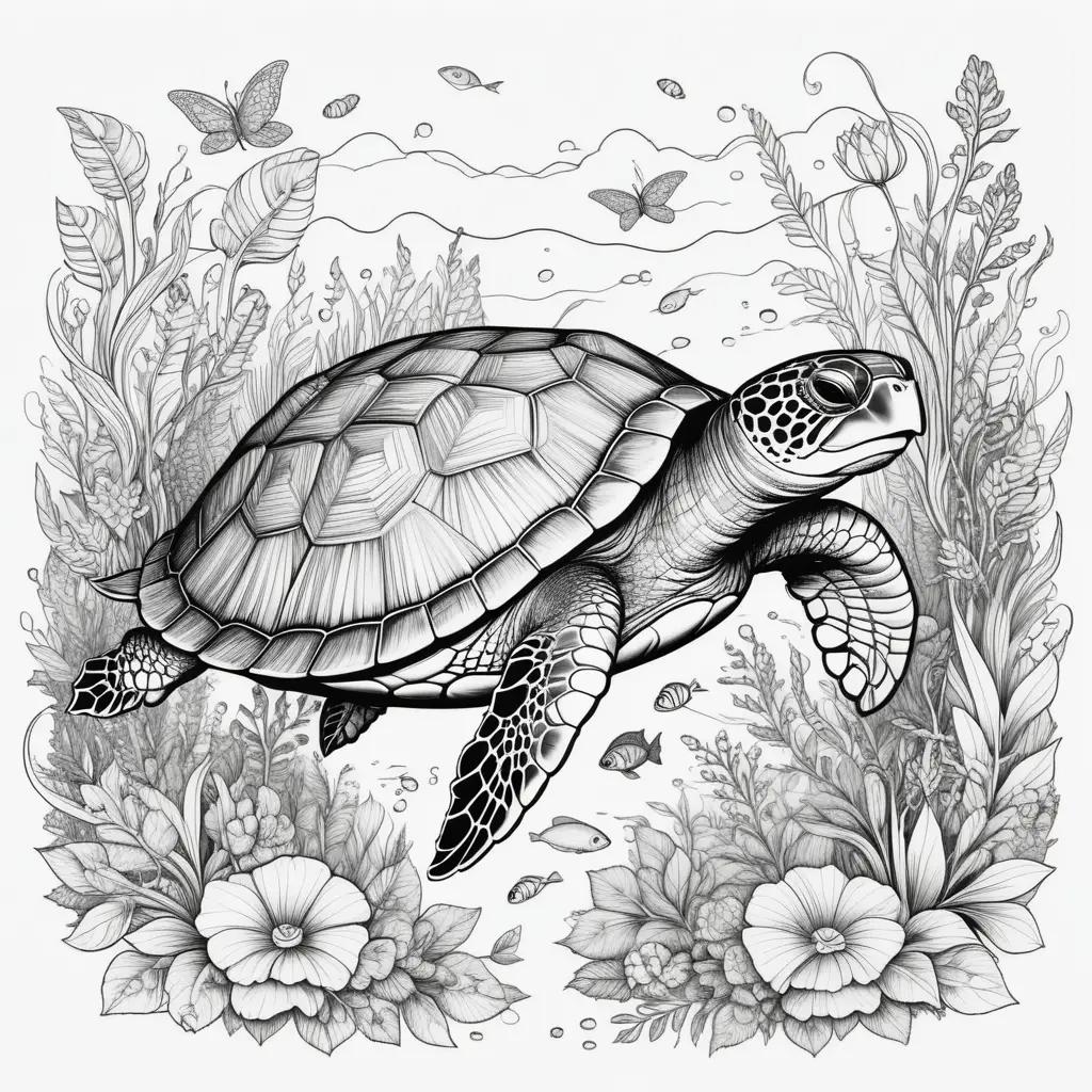 Black and white coloring pages of a sea turtle and underwater flowers