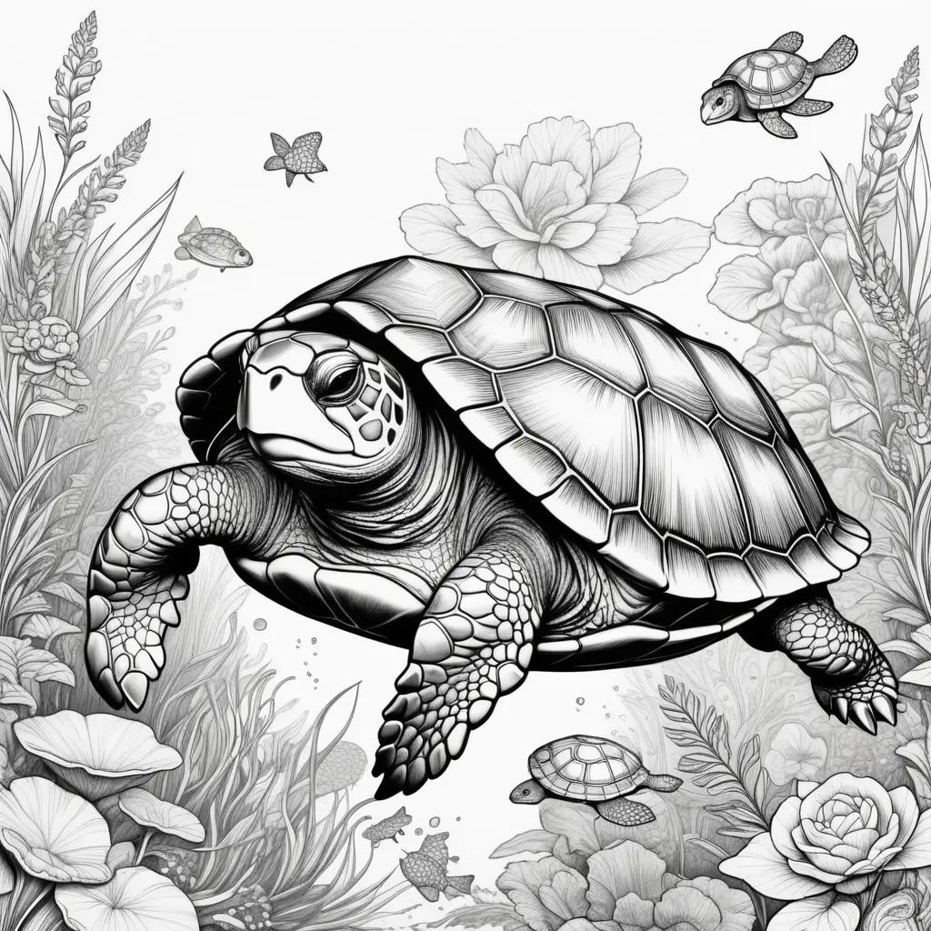 Black and white coloring pages of a sea turtle