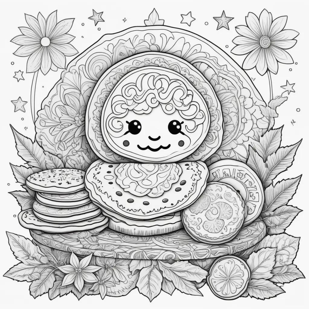 Black and white coloring pages of a smiling cookie with other cookies