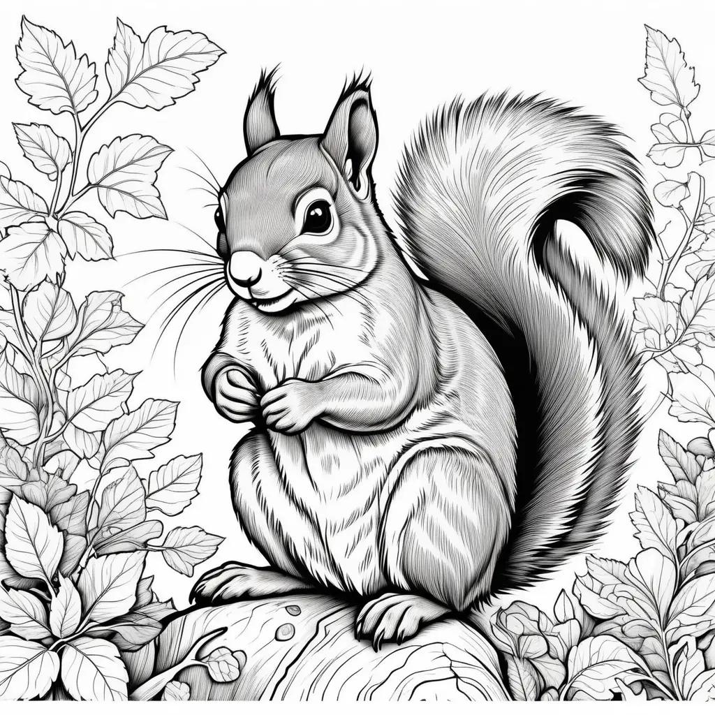 Black and white coloring pages of a squirrel