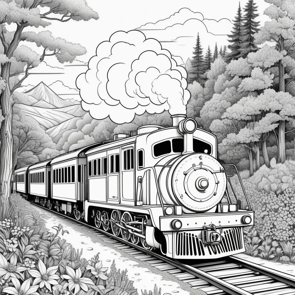 Black and white coloring pages of a steam train