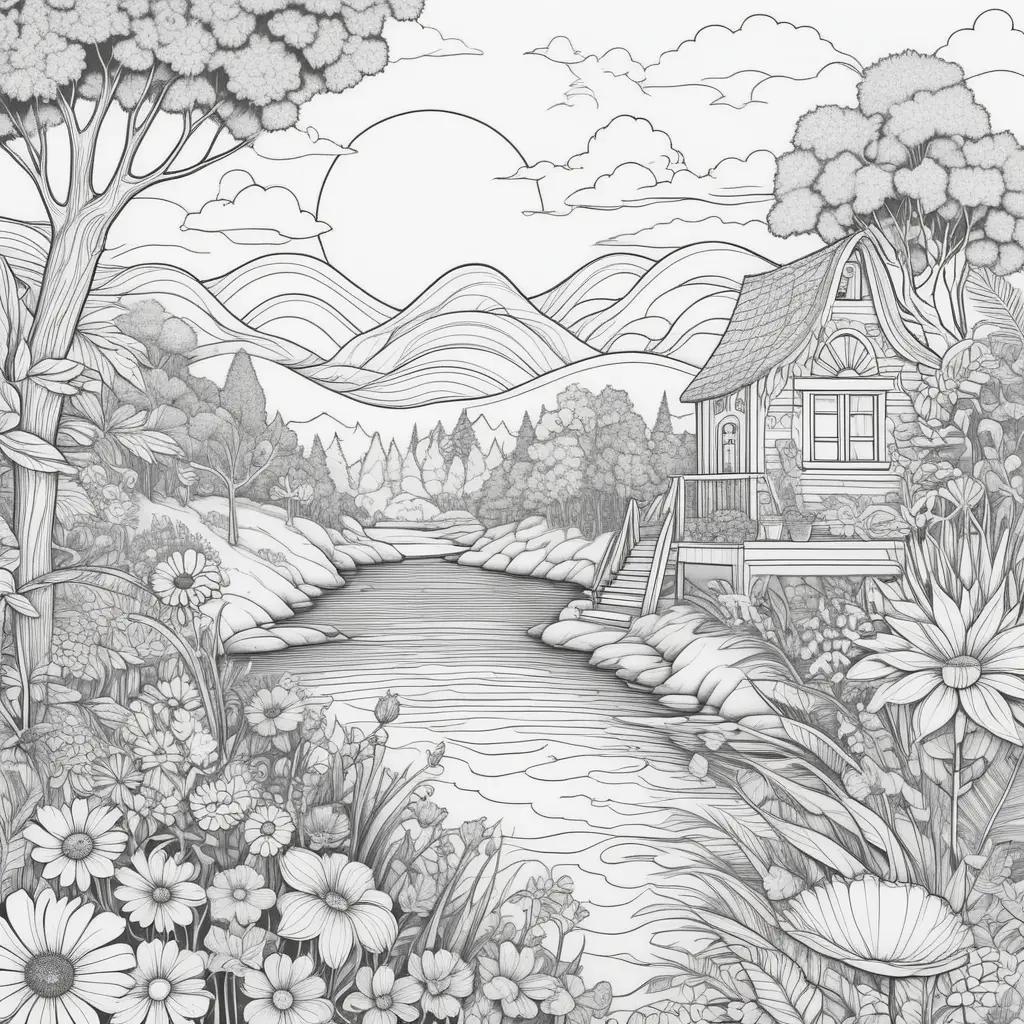 Black and white coloring pages of a summer scene