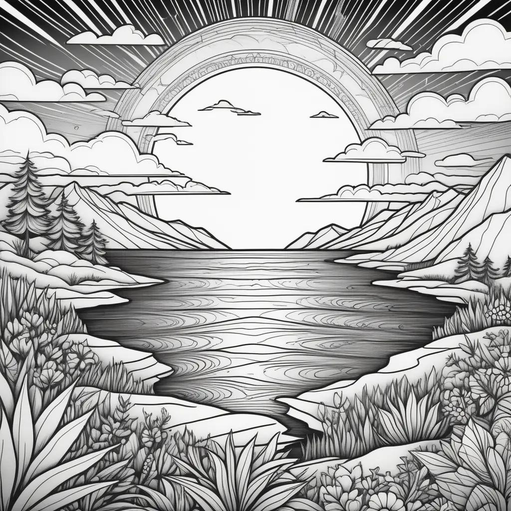 Black and white coloring pages of a sunset