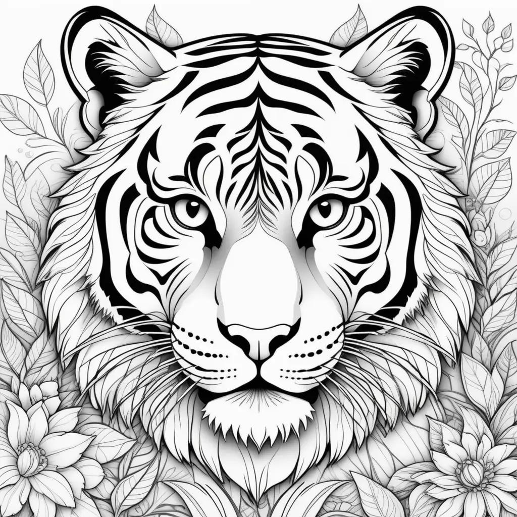 Black and white coloring pages of a tiger head with leaves and flowers