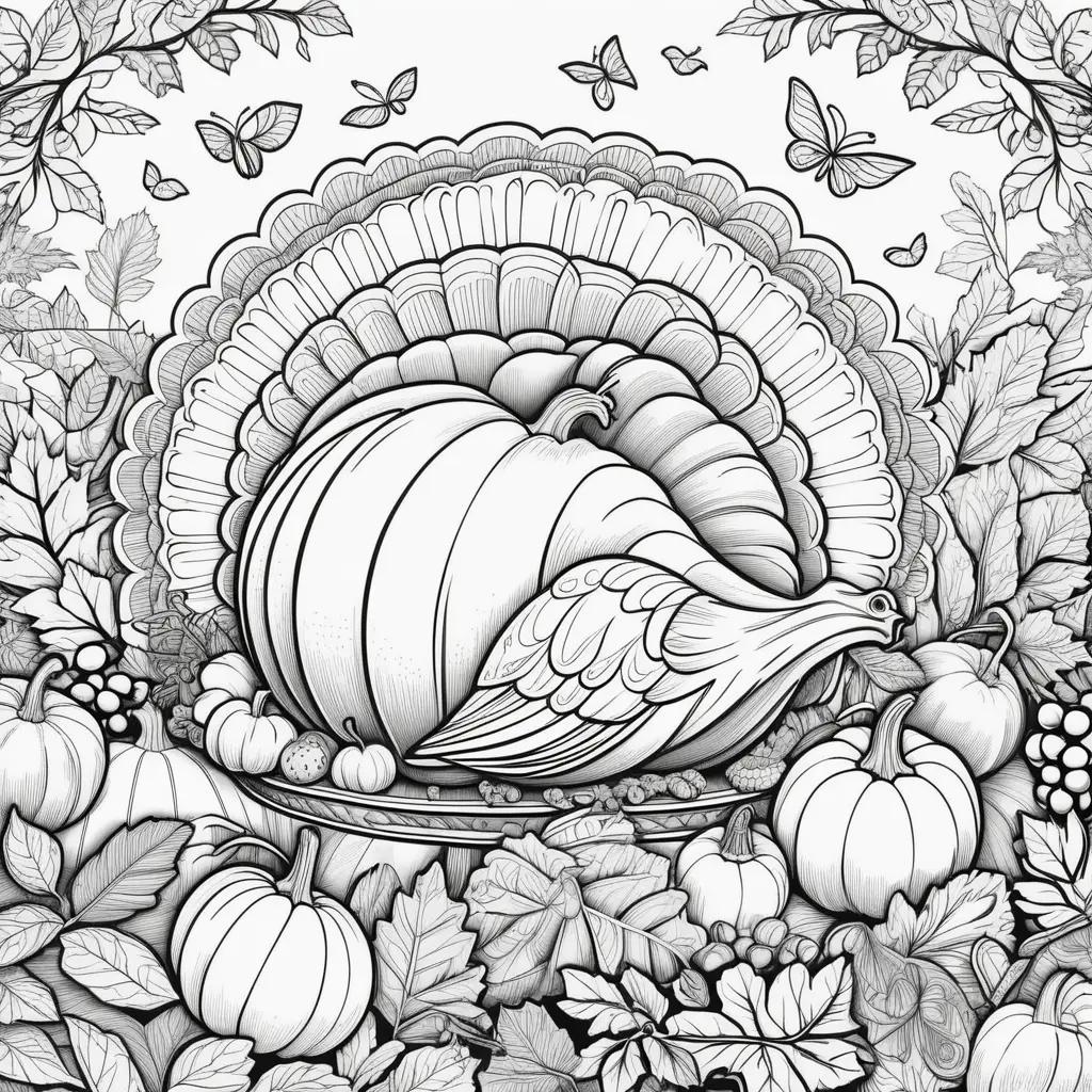 Black and white coloring pages of a turkey and other Thanksgiving themed items