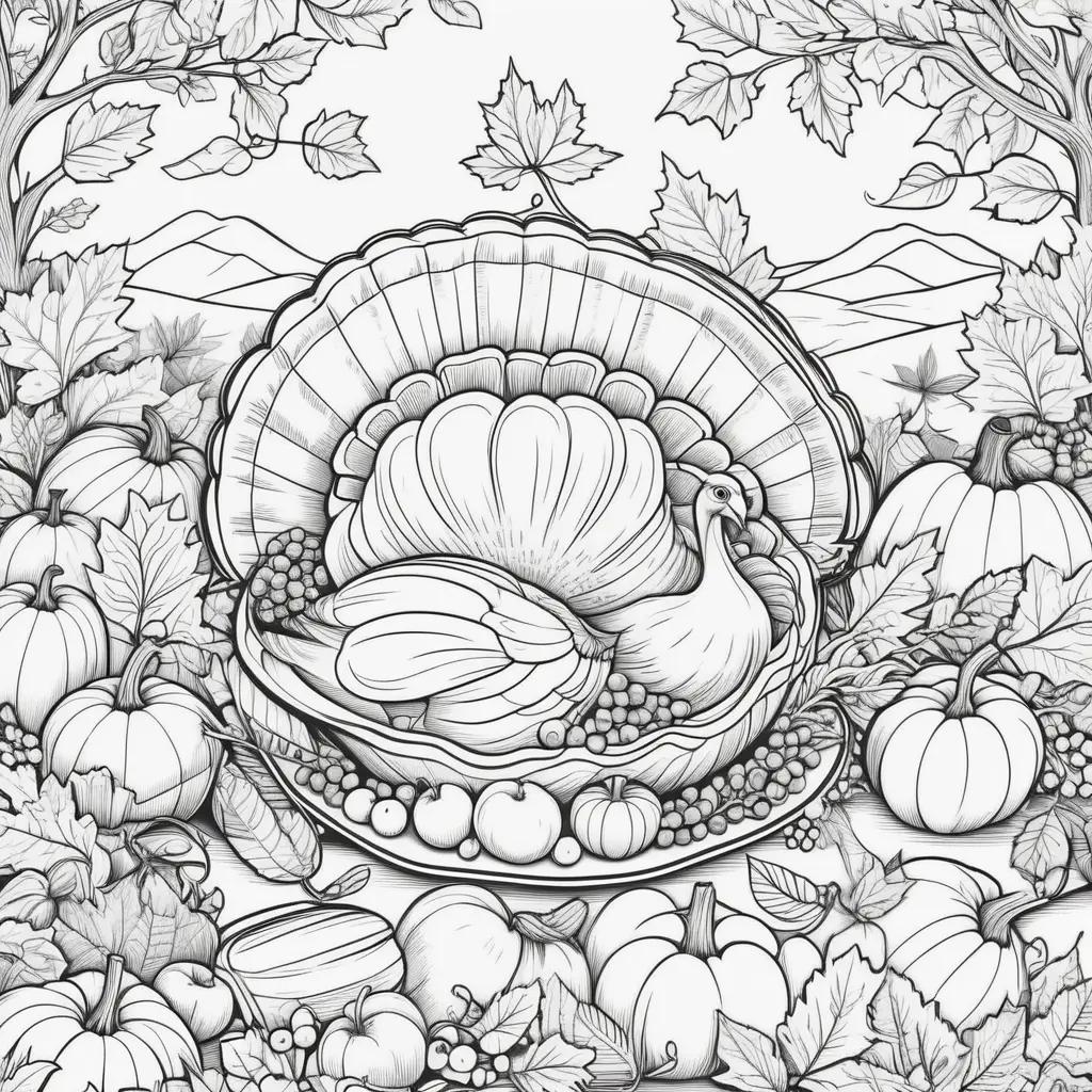 Black and white coloring pages of a turkey and pumpkins for Thanksgiving