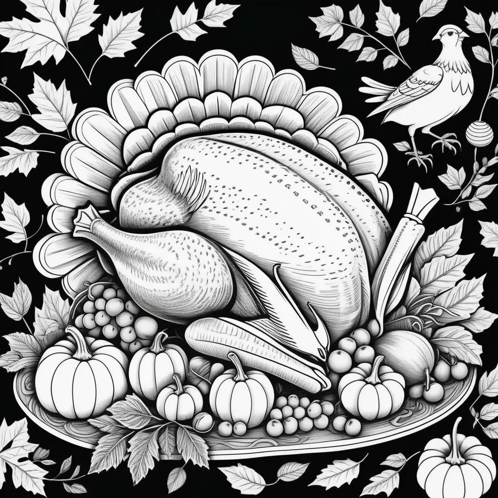 Black and white coloring pages of a turkey and pumpkins for Thanksgiving