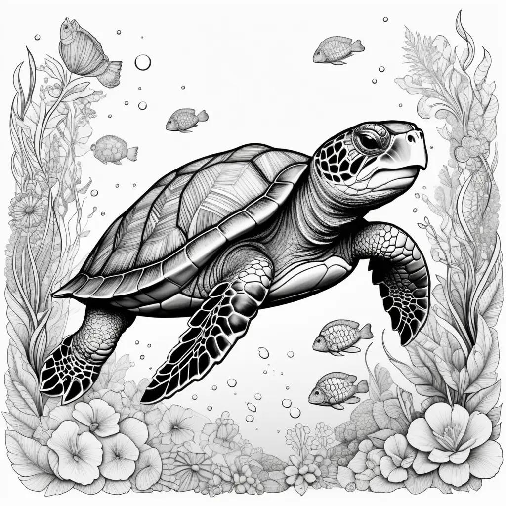 Black and white coloring pages of a turtle swimming in an ocean with fish