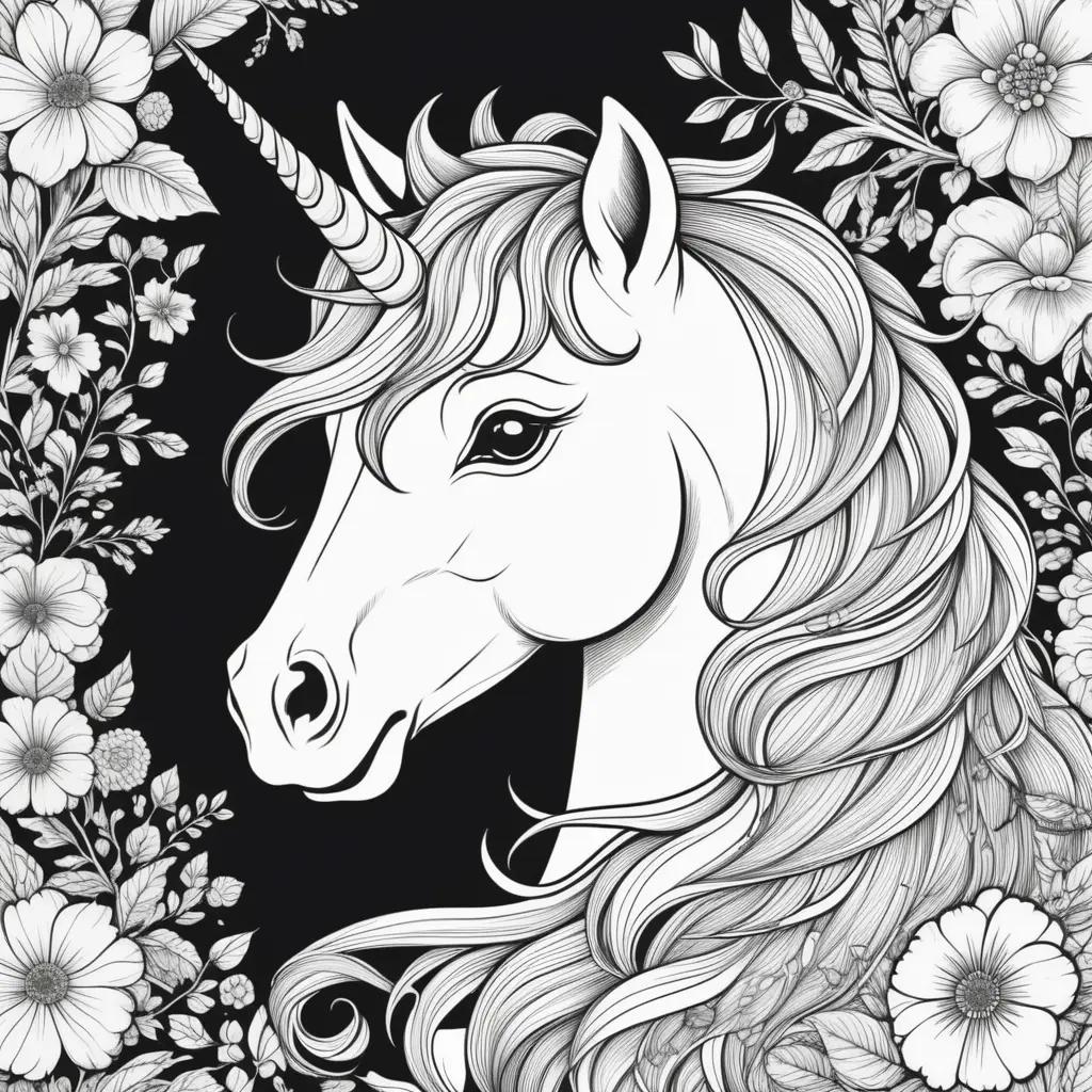 Black and white coloring pages of a unicorn and flowers