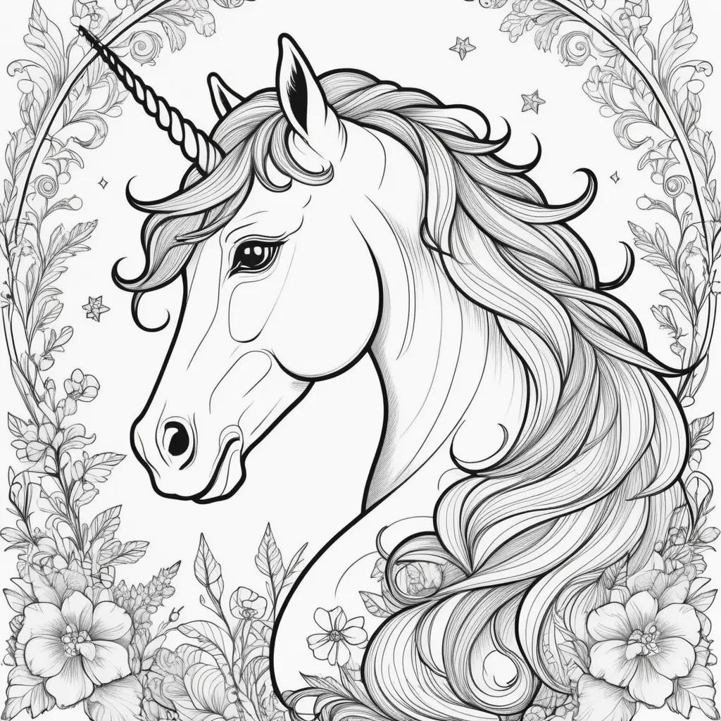 Black and white coloring pages of a unicorns head and a circle with flowers