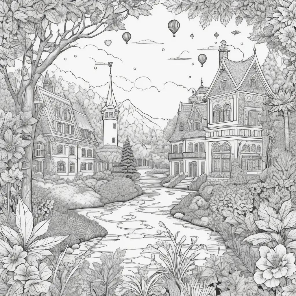 Black and white coloring pages of a village scene