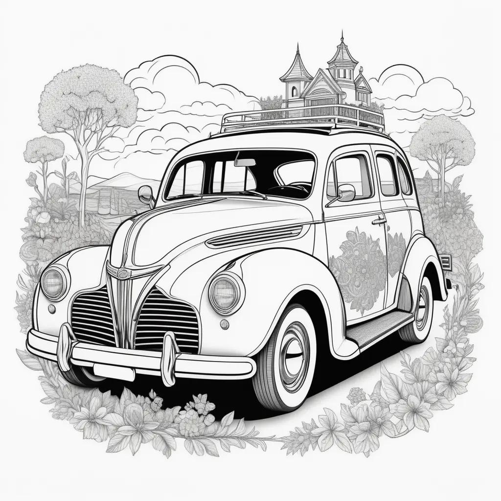 Black and white coloring pages of a vintage car