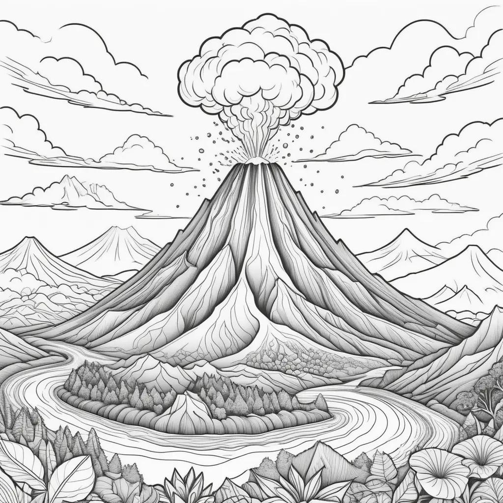 Black and white coloring pages of a volcano