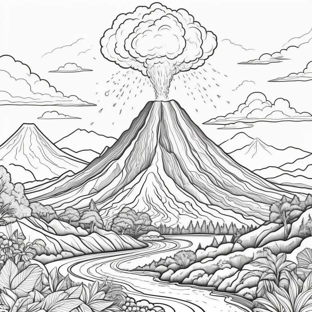 Black and white coloring pages of a volcano