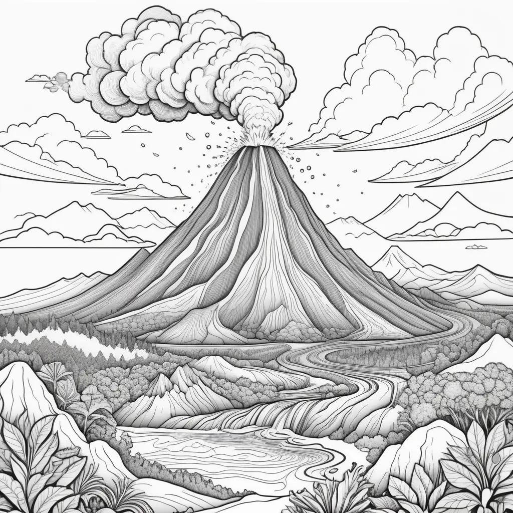 Black and white coloring pages of a volcano and mountains