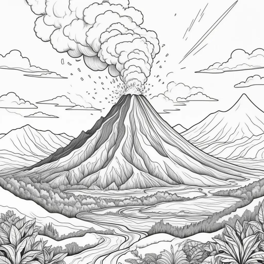 Black and white coloring pages of a volcano eruption