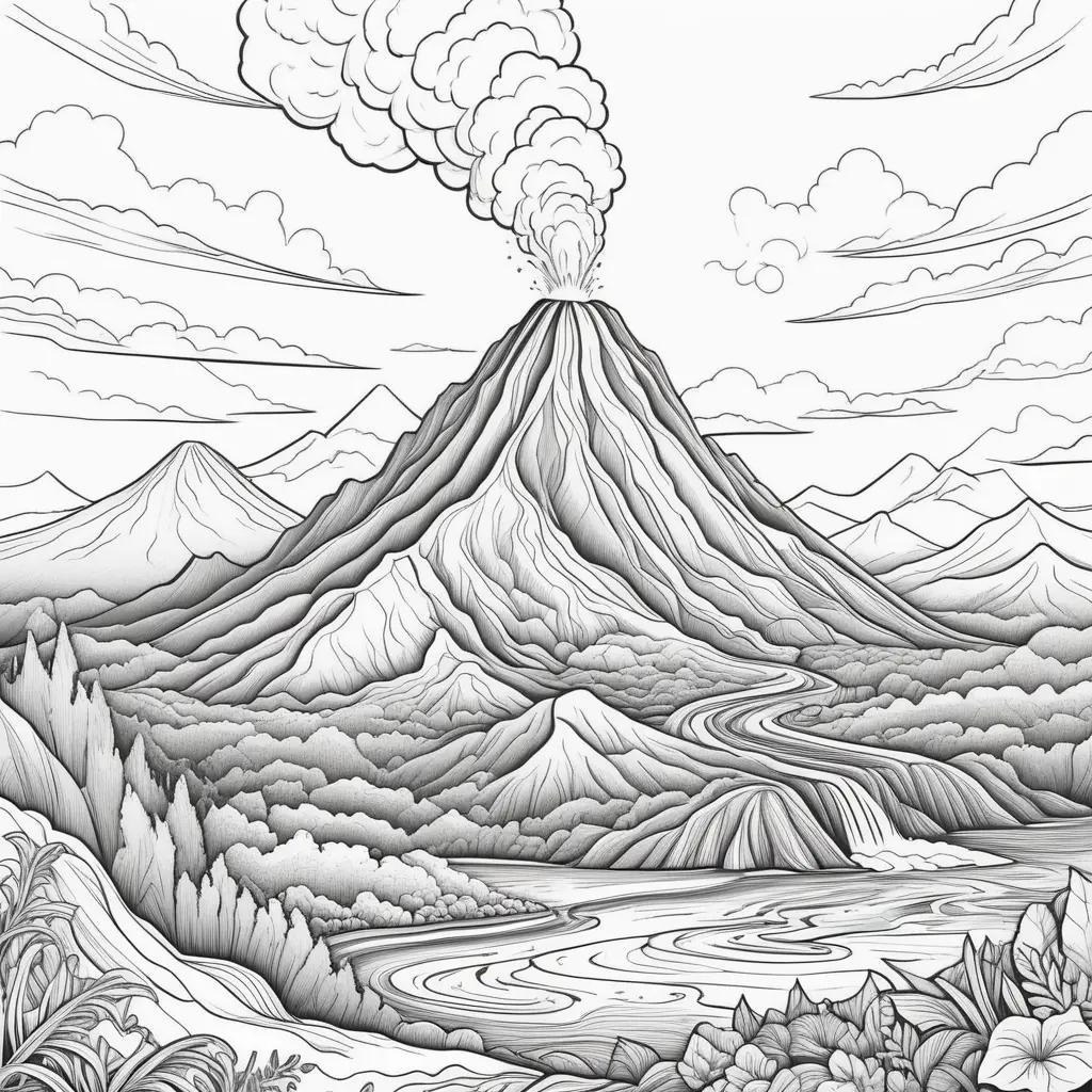 Black and white coloring pages of a volcano