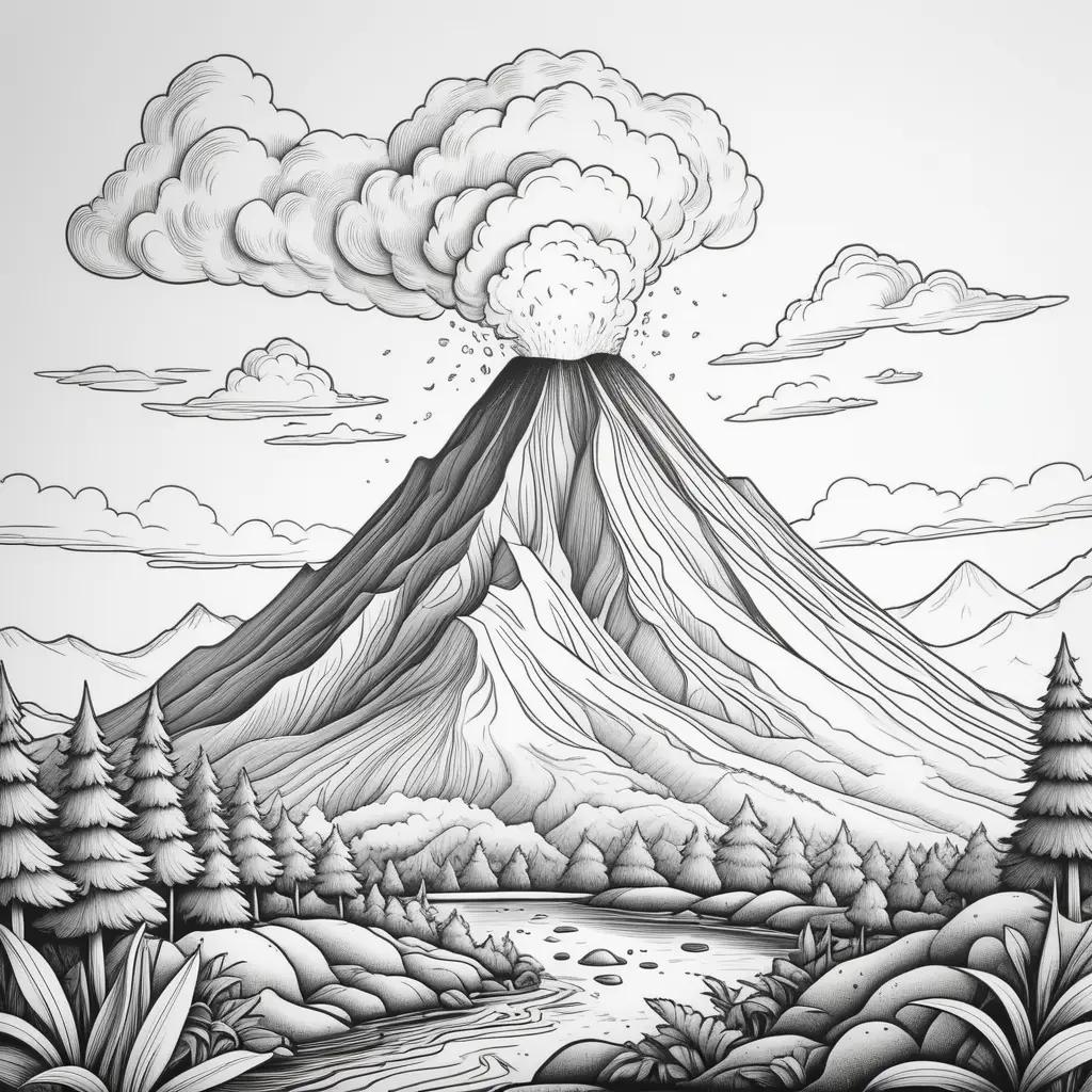 Black and white coloring pages of a volcano with clouds