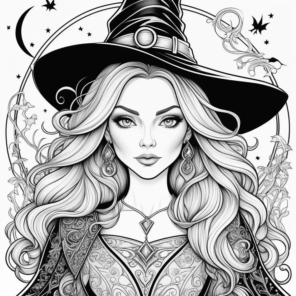 Black and white coloring pages of a witch