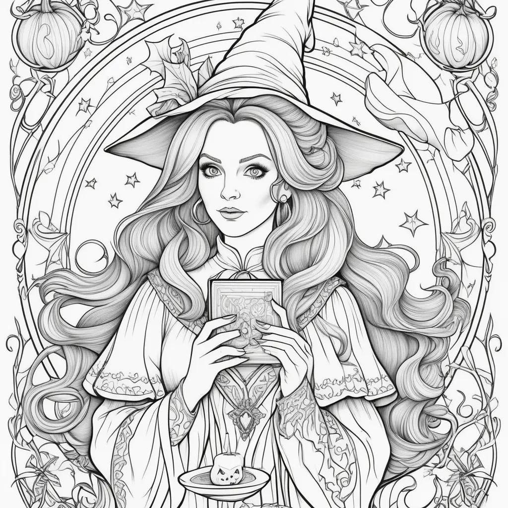 Black and white coloring pages of a witch