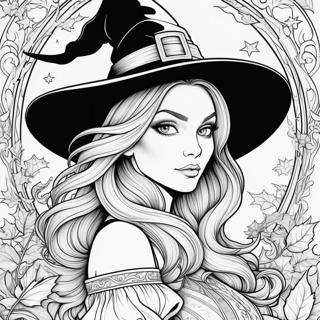 Black and white coloring pages of a witch with a hat