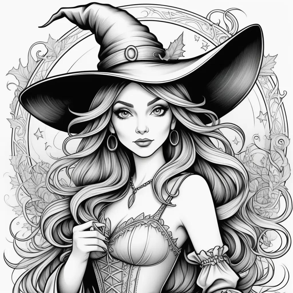 Black and white coloring pages of a witch with a hat and wand