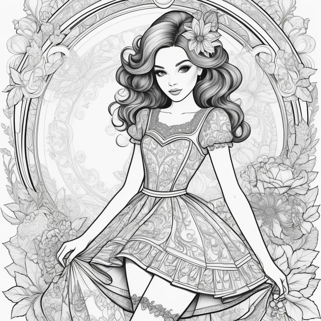 Black and white coloring pages of a woman in a dress