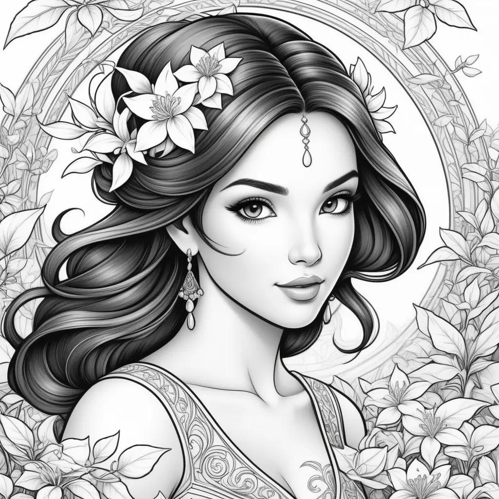 Black and white coloring pages of a woman with a jasmine crown