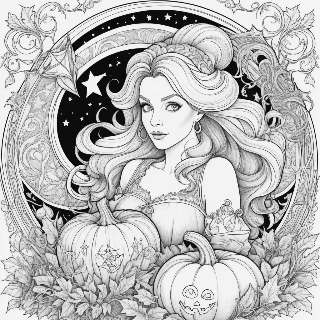 Black and white coloring pages of a woman with a pumpkin