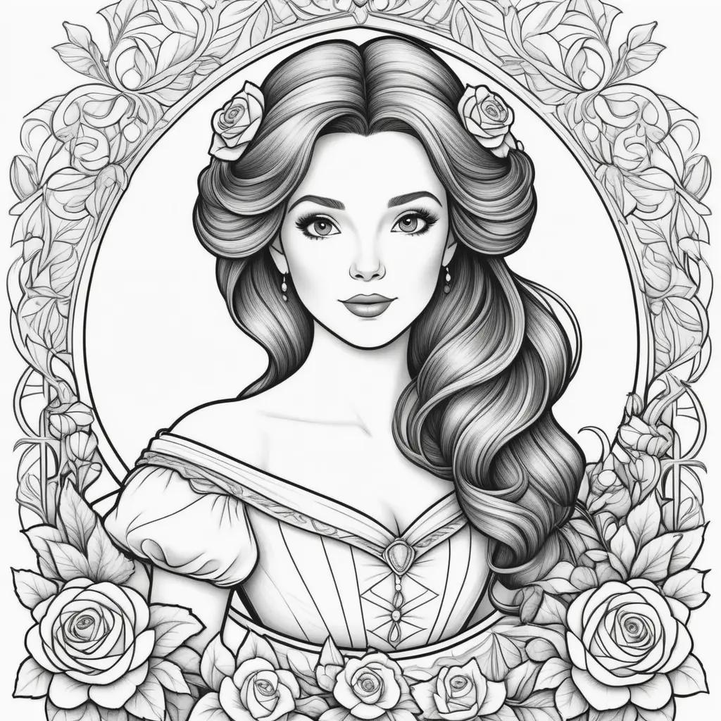 Black and white coloring pages of a woman with long hair and roses around her