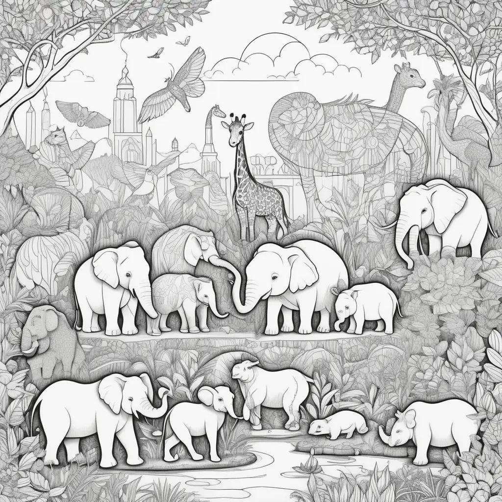 Black and white coloring pages of a zoo