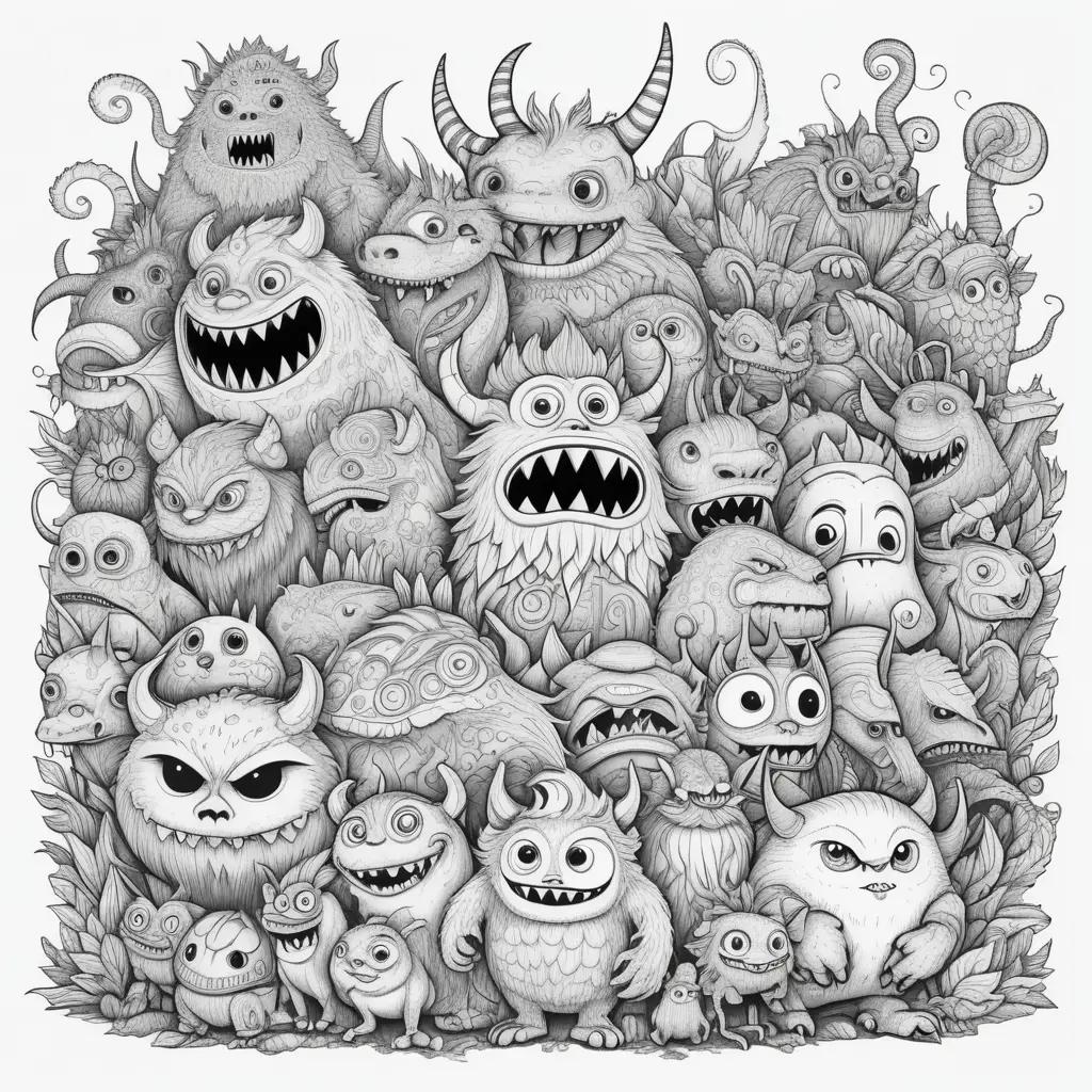 Black and white coloring pages of adorable monsters