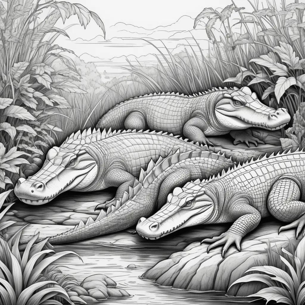 Black and white coloring pages of alligators in a jungle