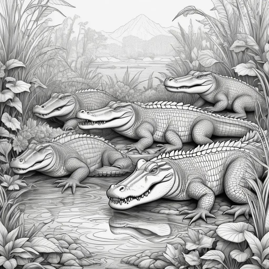 Black and white coloring pages of alligators in a pond