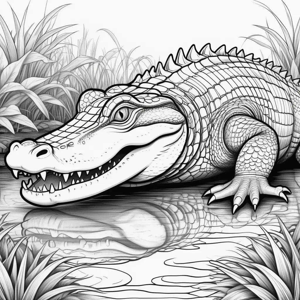 Black and white coloring pages of an alligator