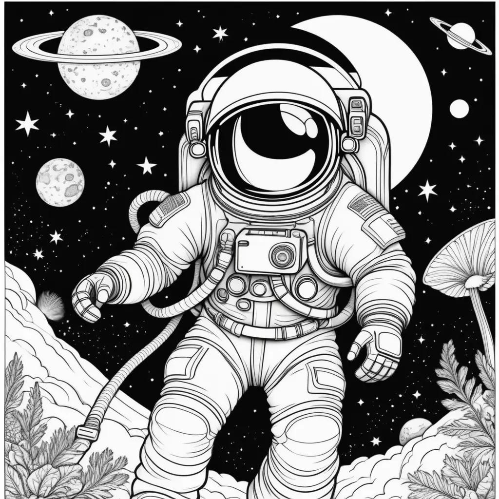 Black and white coloring pages of an astronaut in space