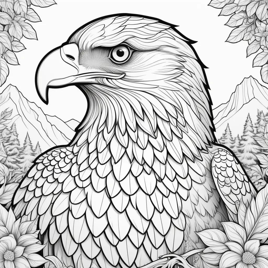 Black and white coloring pages of an eagle with mountains in the background