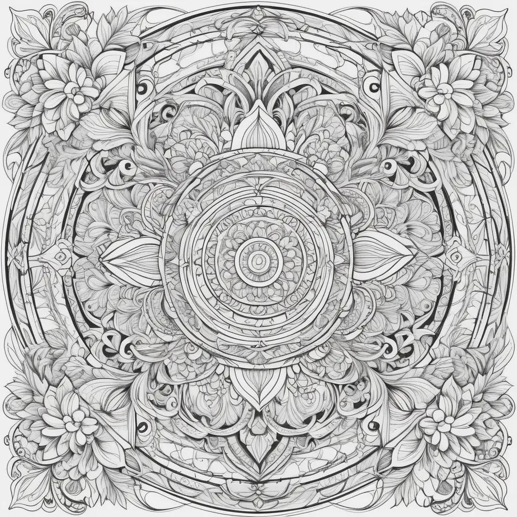 Black and white coloring pages of an intricate flower design